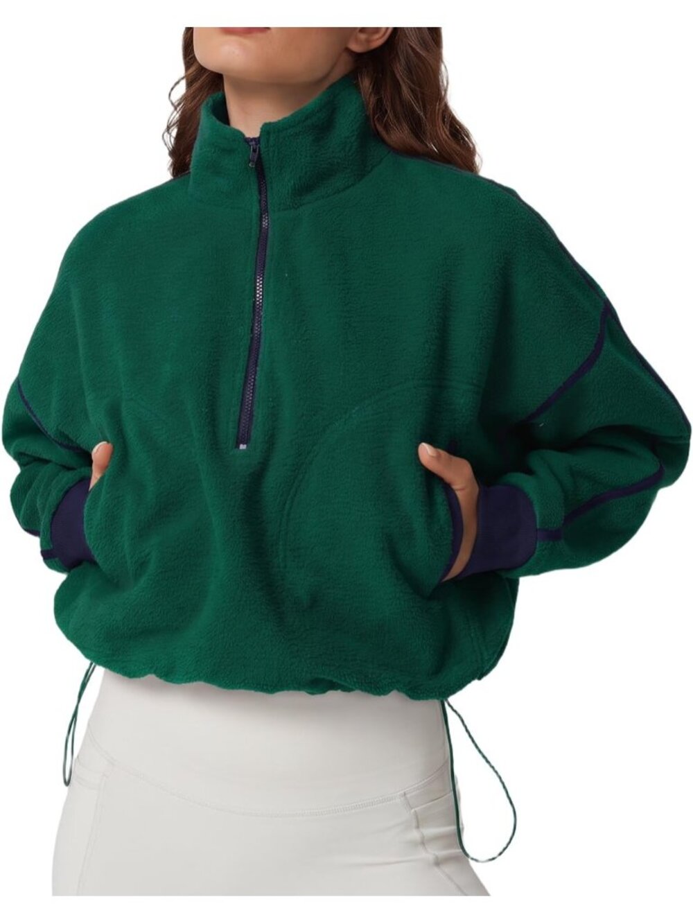 Women Green Fleece Half-Zip Cropped Teddy Drawstring Hem Cozy Sherpa Sweatshirt